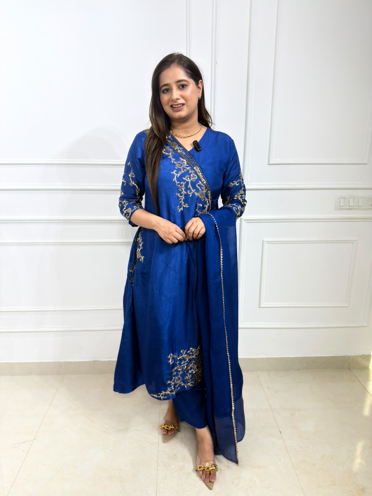 Angrakha – Royal Blue Embroidered Long Kurta Suit Set with Pants & Dupatta