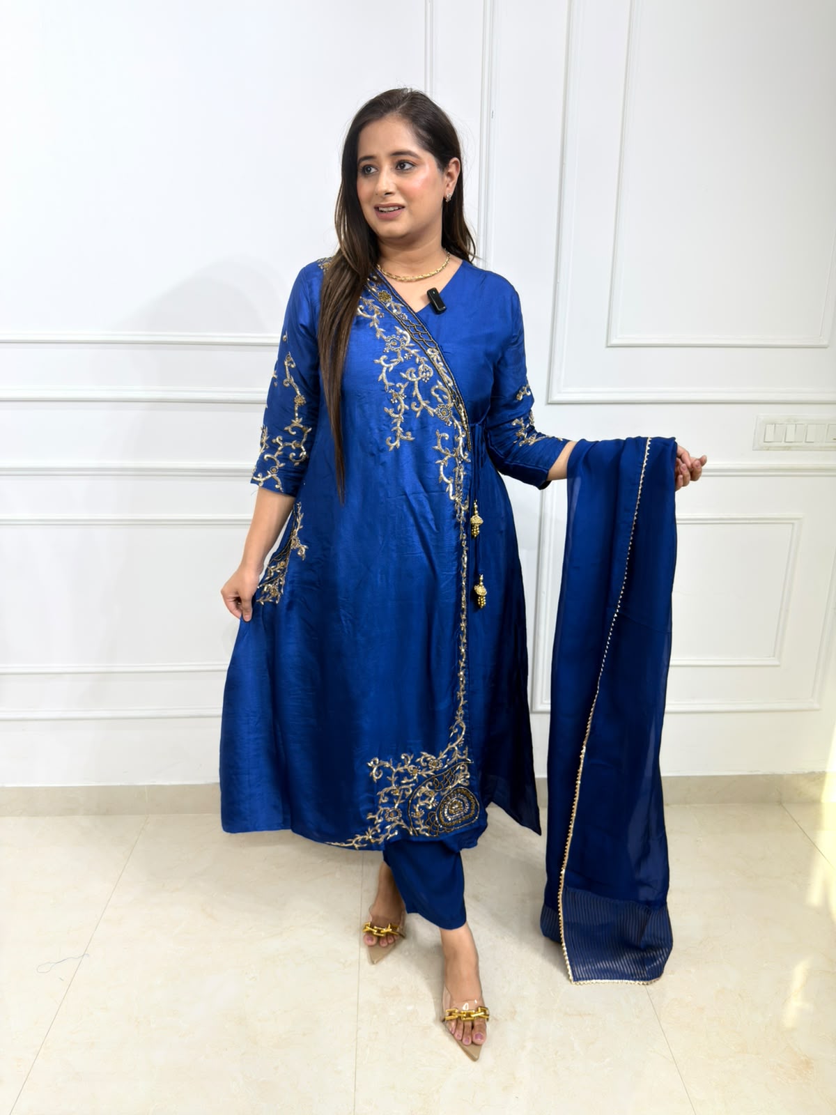 Angrakha – Royal Blue Embroidered Long Kurta Suit Set with Pants & Dupatta