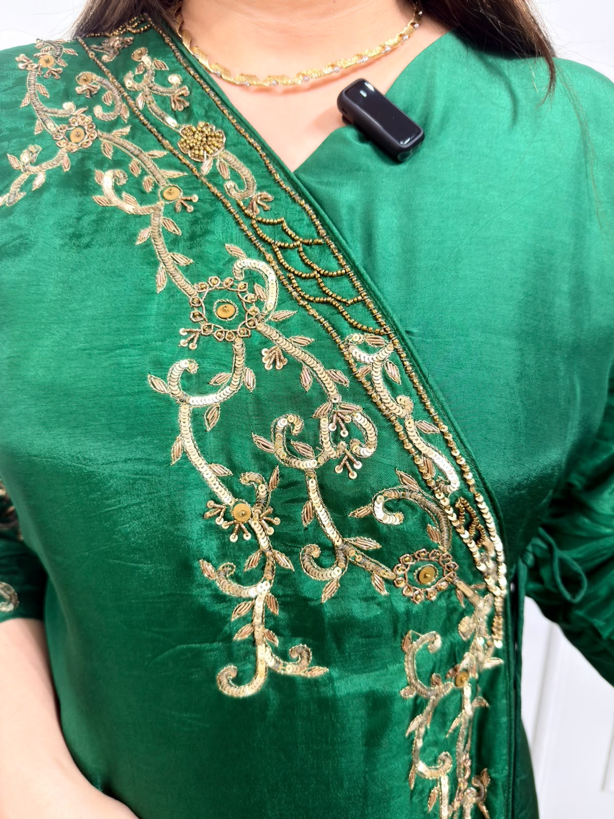 Angrakha – Emerald Green Embroidered Long Kurta Suit Set with Pants & Dupatta