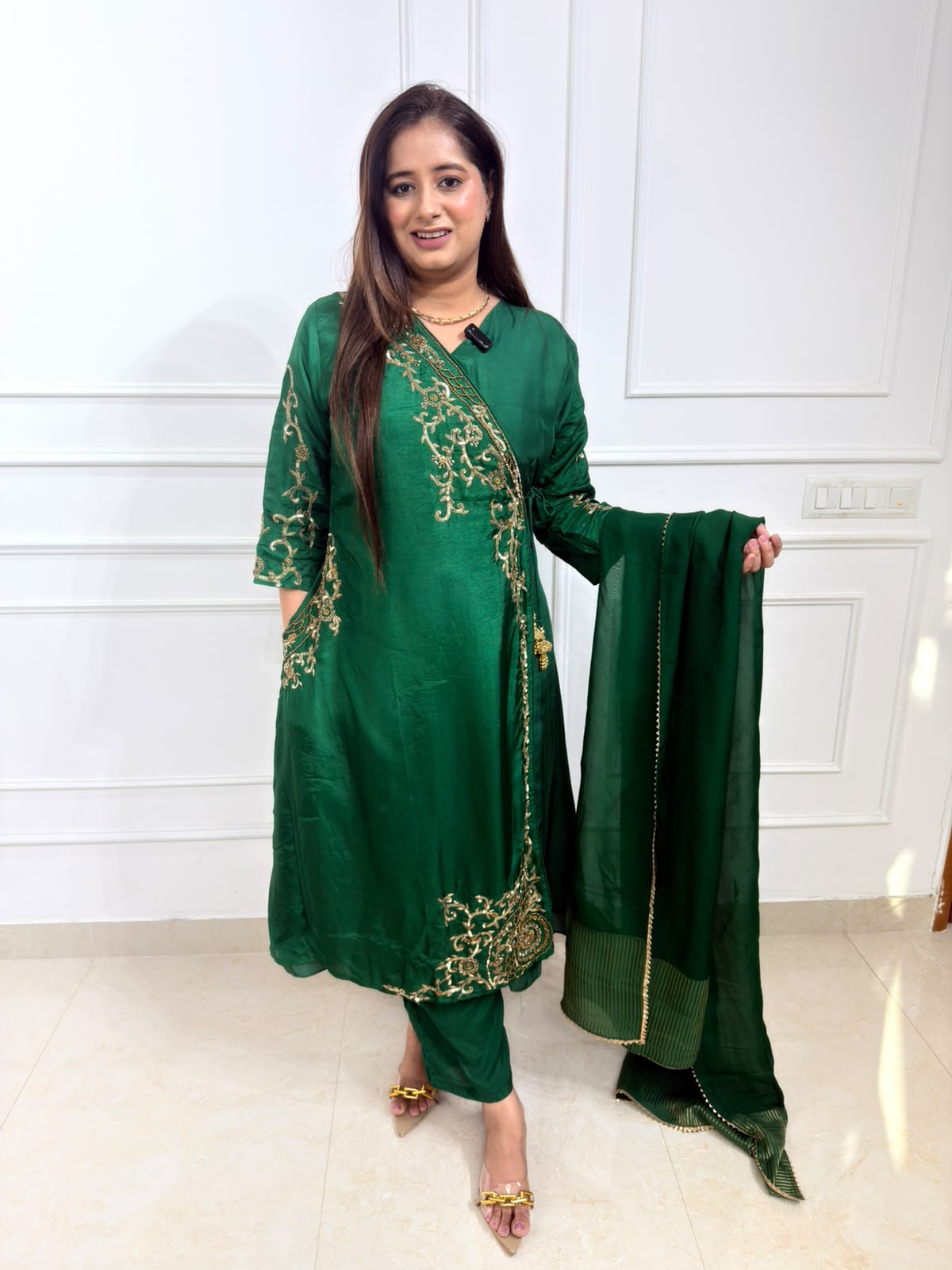 Angrakha – Emerald Green Embroidered Long Kurta Suit Set with Pants & Dupatta