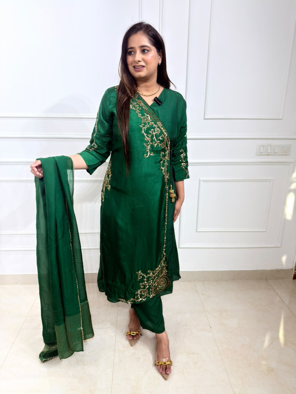 Angrakha – Emerald Green Embroidered Long Kurta Suit Set with Pants & Dupatta