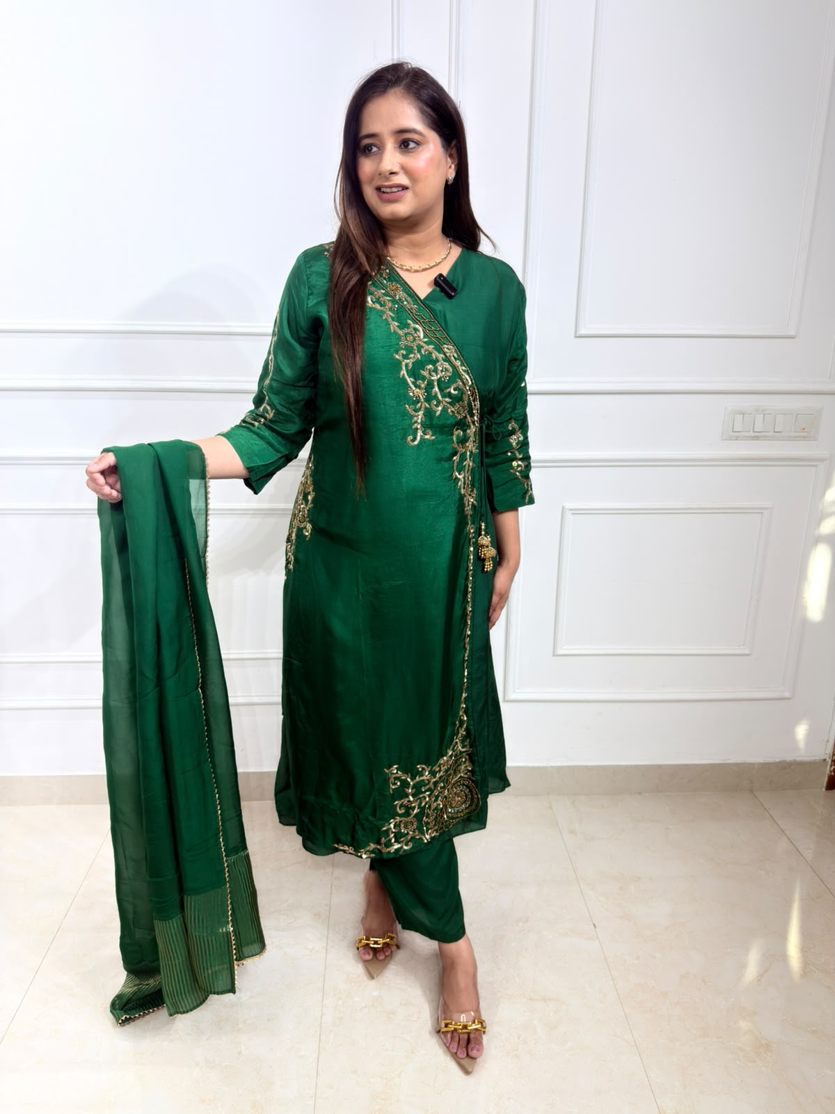 Angrakha – Emerald Green Embroidered Long Kurta Suit Set with Pants & Dupatta