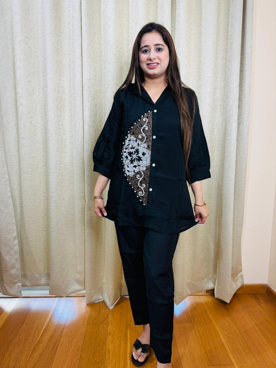 CHAAVI | Black Shirt Collar Co-ord Set with Side Sequin Panel for Women