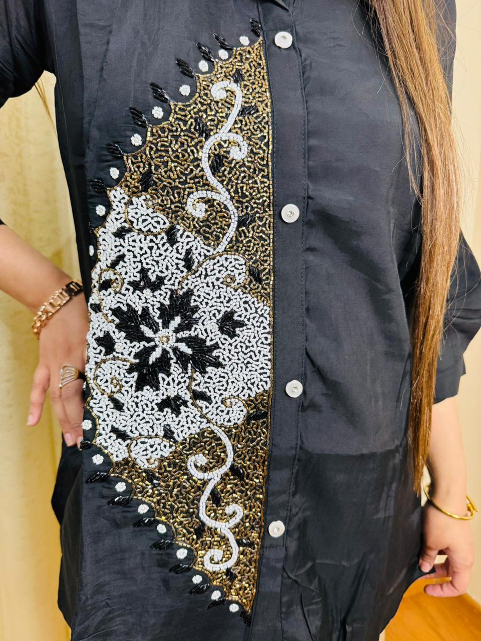 CHAAVI | Black Shirt Collar Co-ord Set with Side Sequin Panel for Women