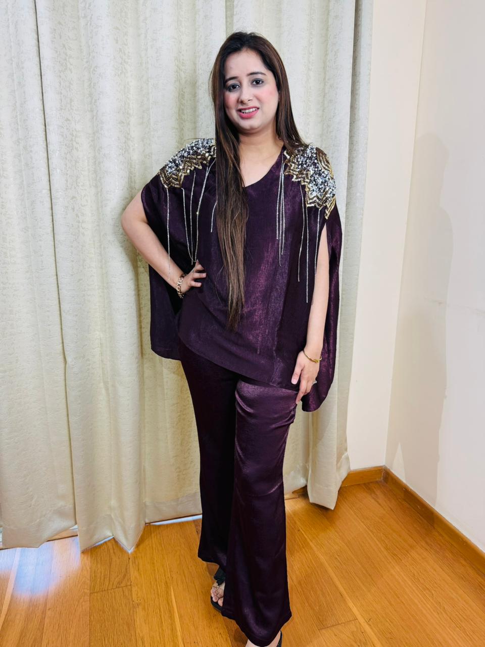 MAYRA | Plum Shimmer Cape Style Party Co-ord Set with Embellished Shoulders for Women