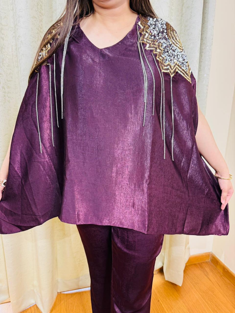 MAYRA | Plum Shimmer Cape Style Party Co-ord Set with Embellished Shoulders for Women