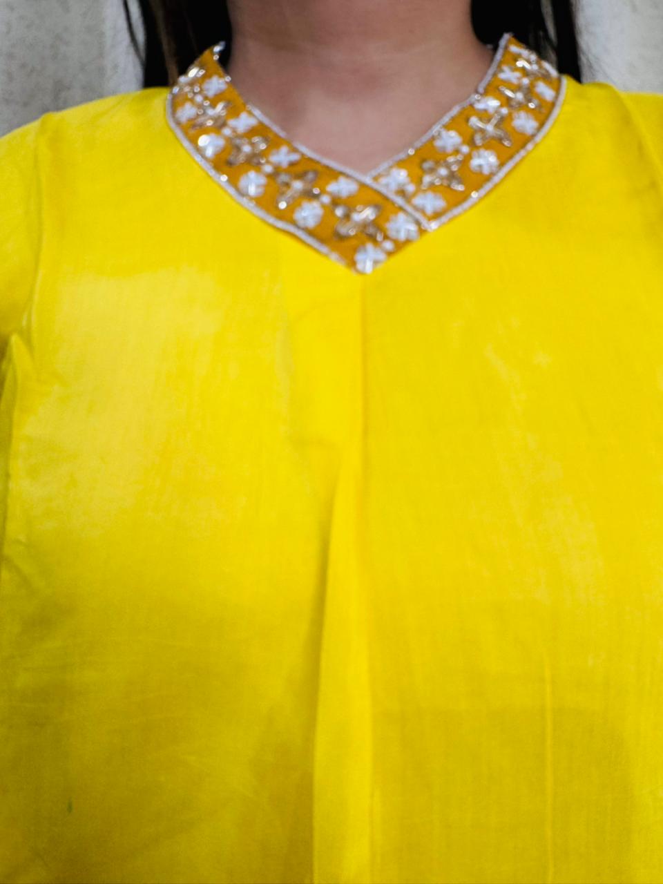 MISHA | Sunny Yellow Asymmetric Kurta Pants Set with Embroidered Neck for Women