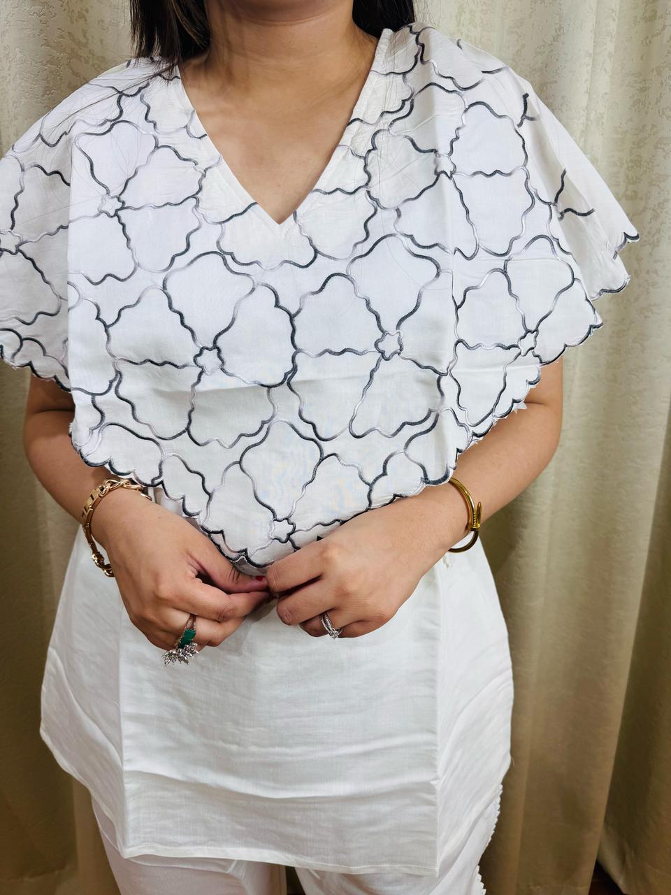 AISHA | White Cape Style Embroidered Kurta Set with Pants | Elegant Summer Co-ord for Women