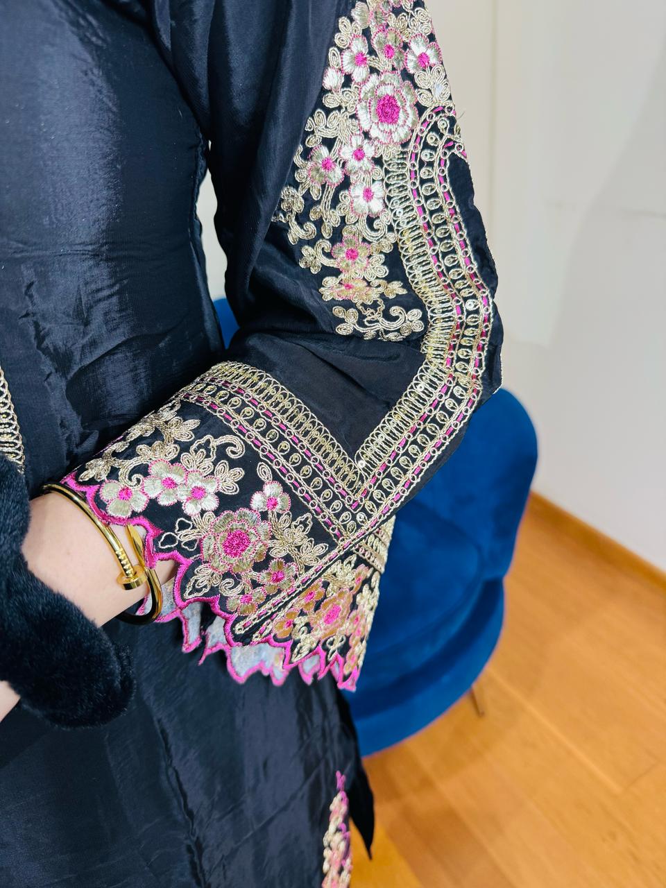 VERKA | Women's Black Thread Embroidered Kurta Pant Set | Pastel Pink Yoke & Hem Work Suit