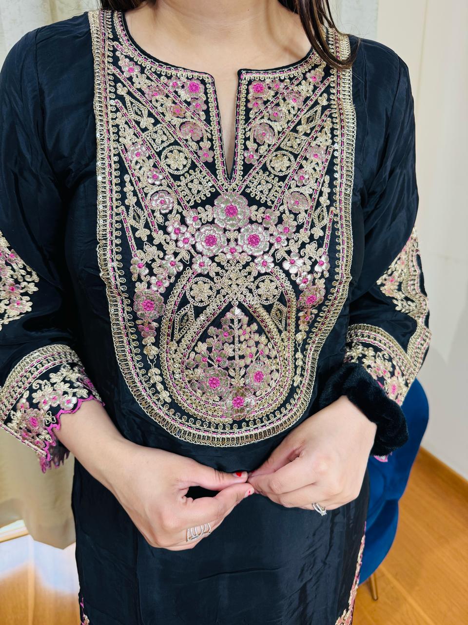 VERKA | Women's Black Thread Embroidered Kurta Pant Set | Pastel Pink Yoke & Hem Work Suit