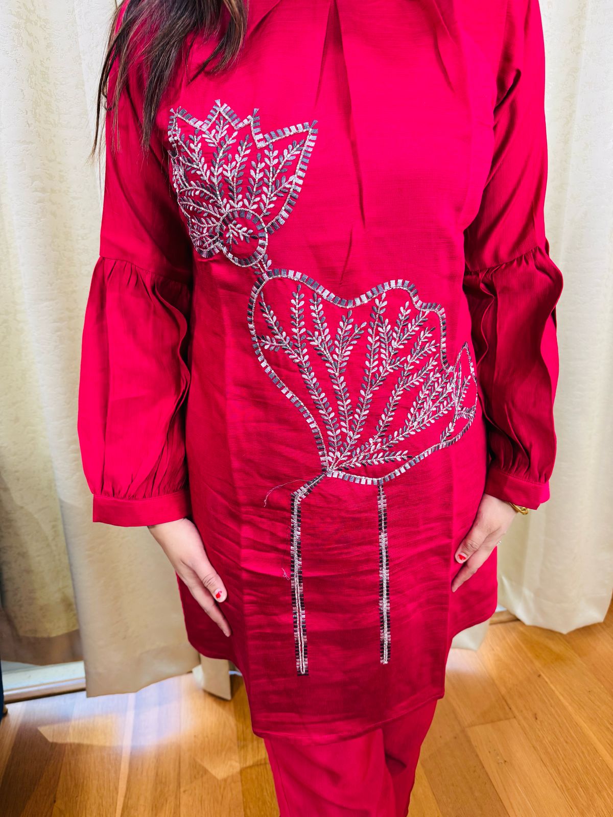 PRISHA | Red Sequin Floral Kurta Set with Wide Leg Pants | Festive Party Suit for Women