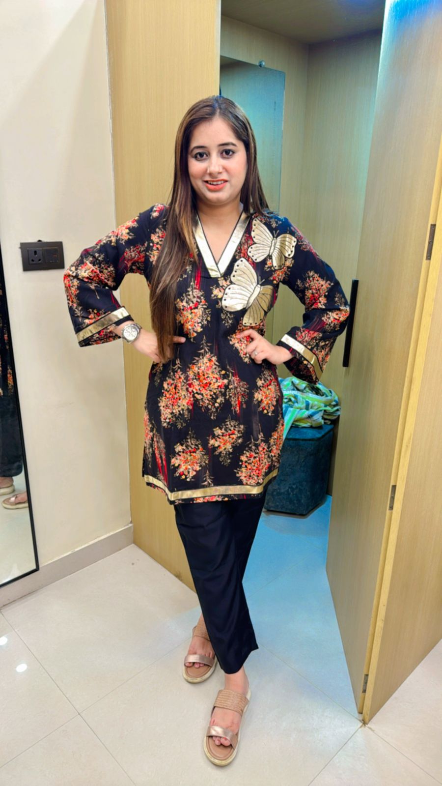 KAJAL | Black Kurta Pant Set with Gold Butterfly Appliqué | Floral & Metallic Detailed Suit for Women