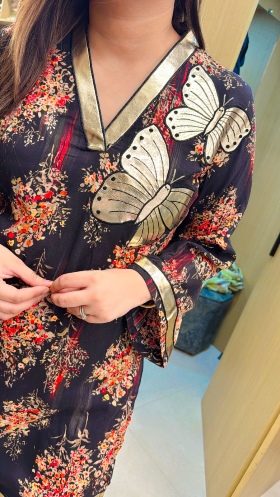 KAJAL | Black Kurta Pant Set with Gold Butterfly Appliqué | Floral & Metallic Detailed Suit for Women