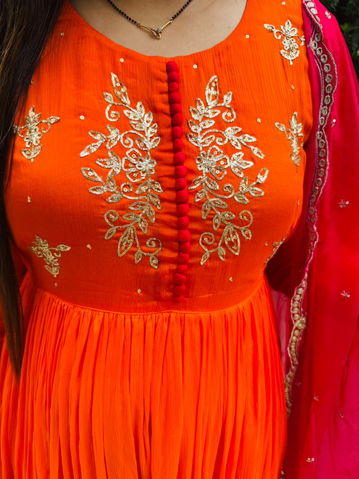 Soha🌹 | Orange Anarkali Kurta Pant Set – Thread Embroidery & Pink Dupatta