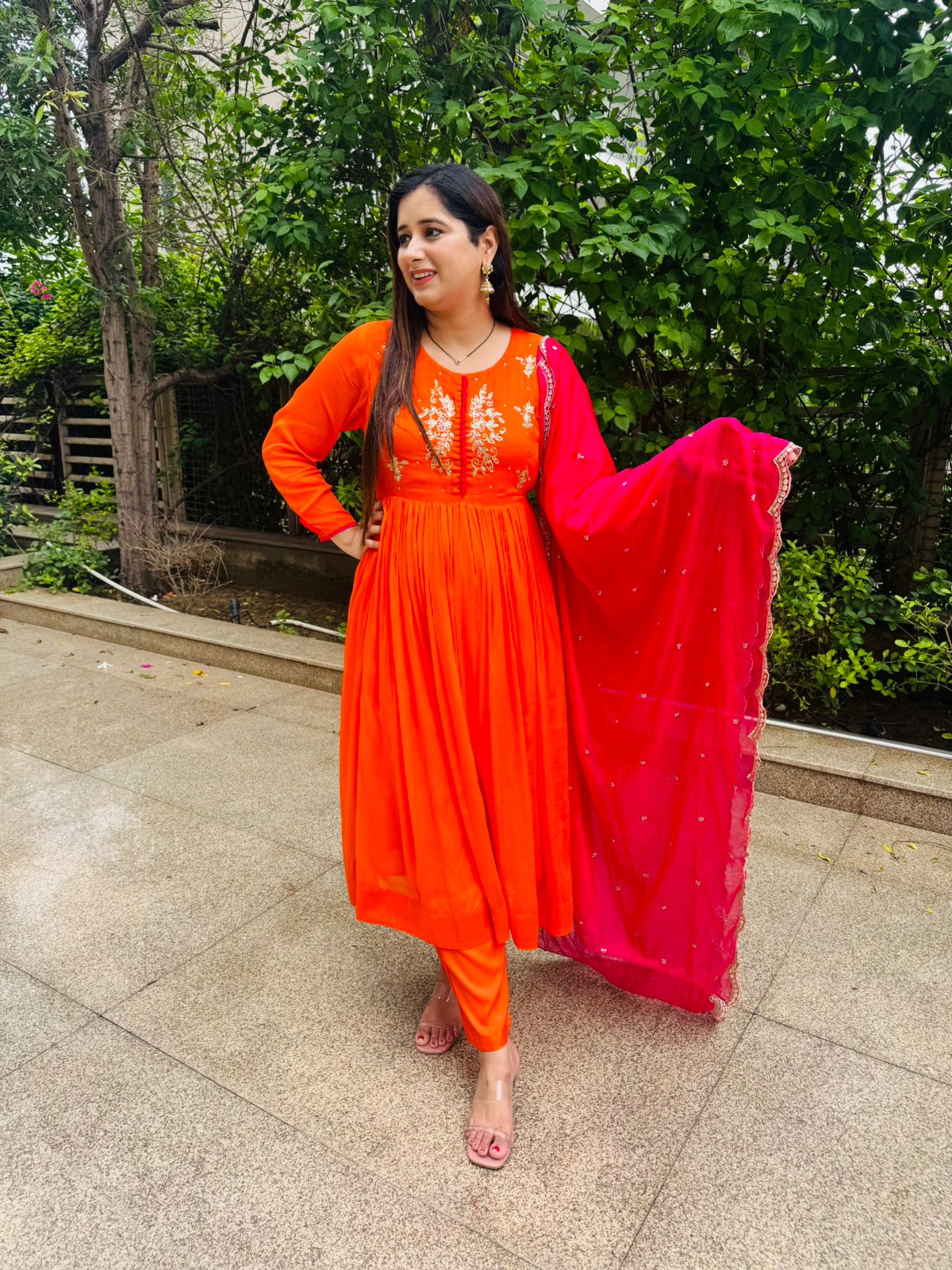 Soha🌹 | Orange Anarkali Kurta Pant Set – Thread Embroidery & Pink Dupatta