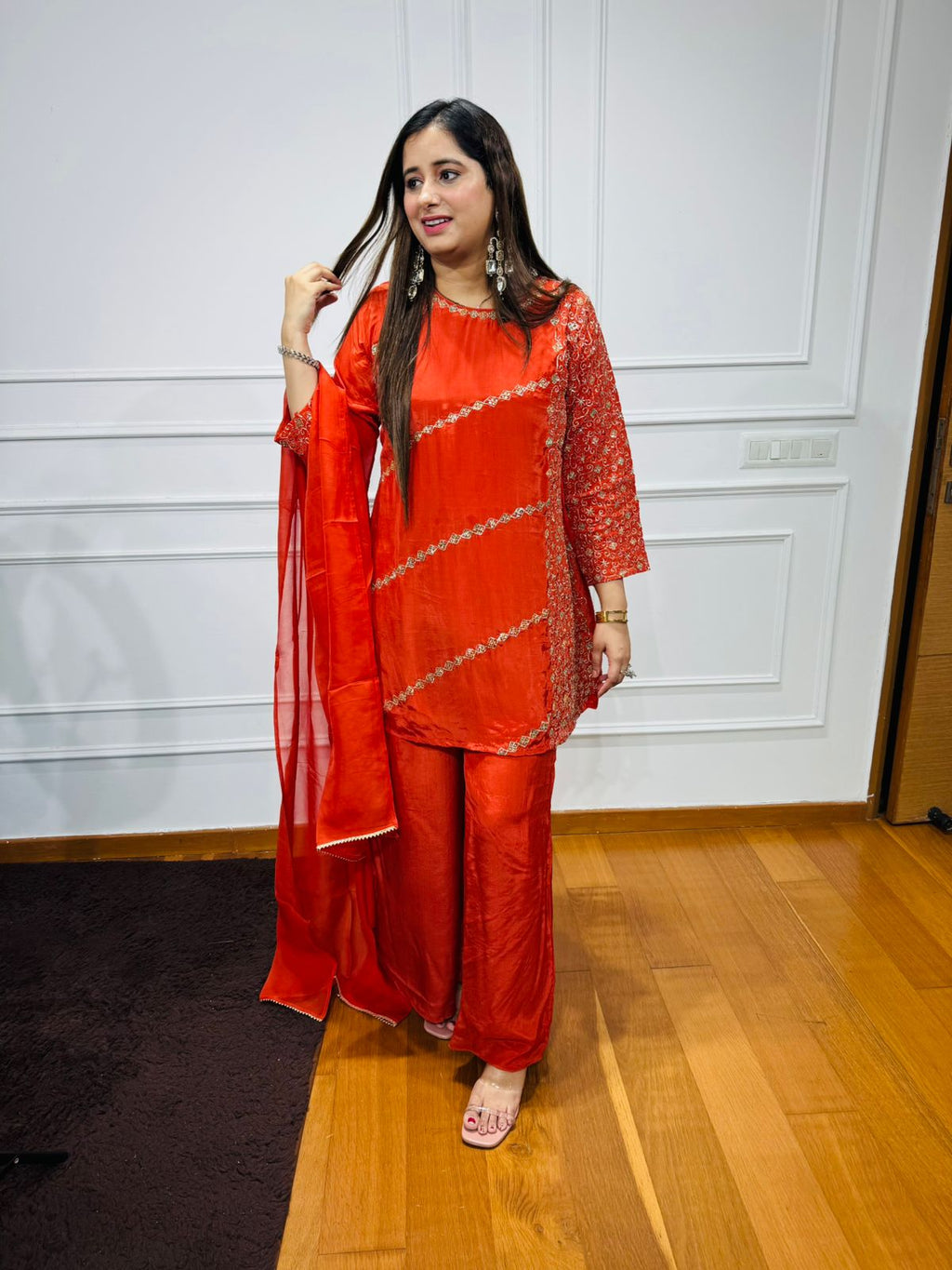 Kamna🫀 | Red Sequin Bead Embroidered Suit Set with Dupatta