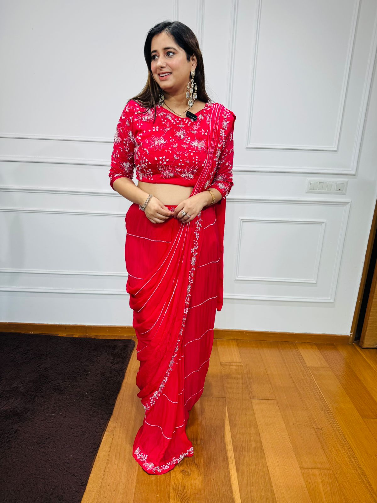 Pariya❤️ | Red Floral Work Saree Set – Embroidered Blouse and Striped Saree"