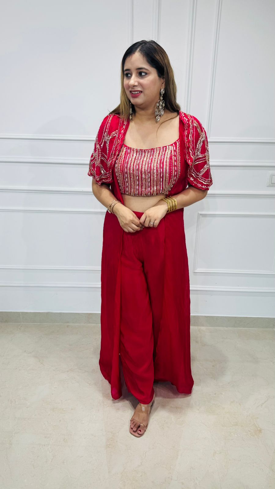 Shiny✨ | Scarlet Sequin Embroidered 3-Piece Coordset - Crop Top, Jacket & Palazzo