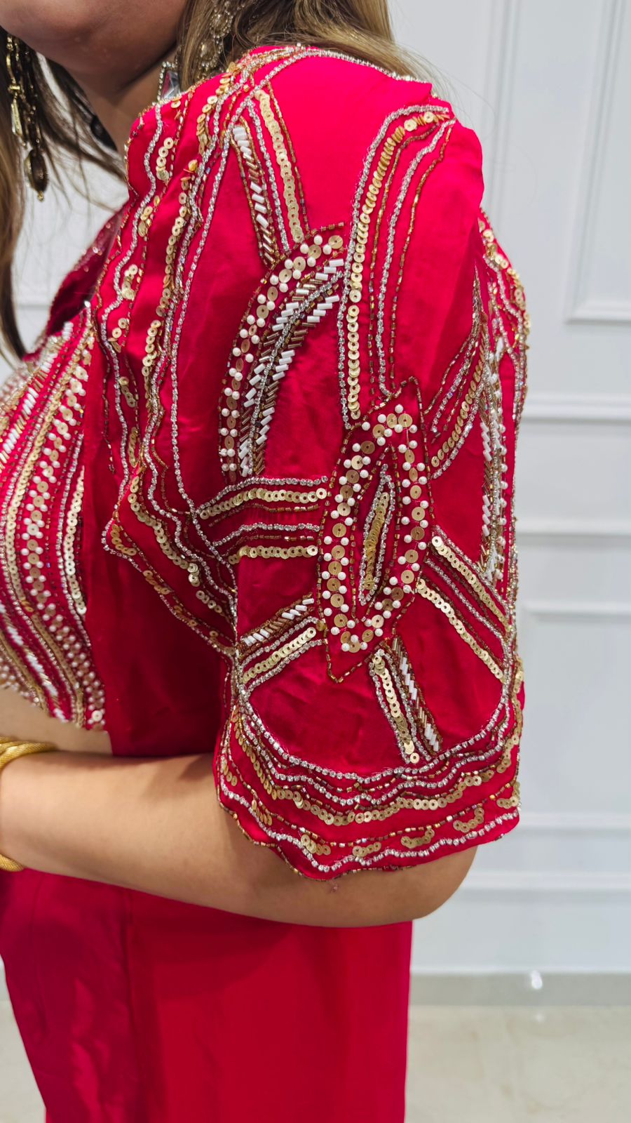 Shiny✨ | Scarlet Sequin Embroidered 3-Piece Coordset - Crop Top, Jacket & Palazzo