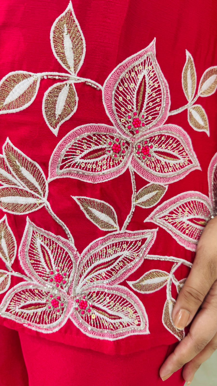 Brahmini🦋 | Rose Red Embroidered Leaf Shirt & Palazzo Set - Modern Ethnic Coord