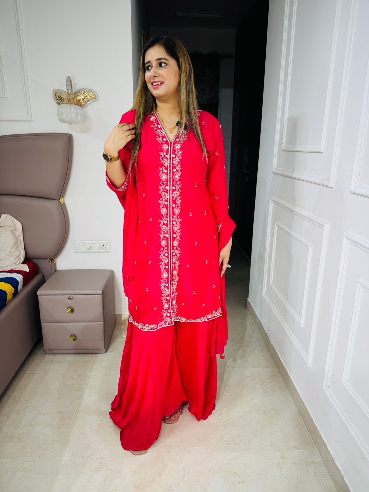 Prishna🫶🏻 | Radiant Red Ethnic Suit Set – Embroidered Kurta & Palazzo Pants