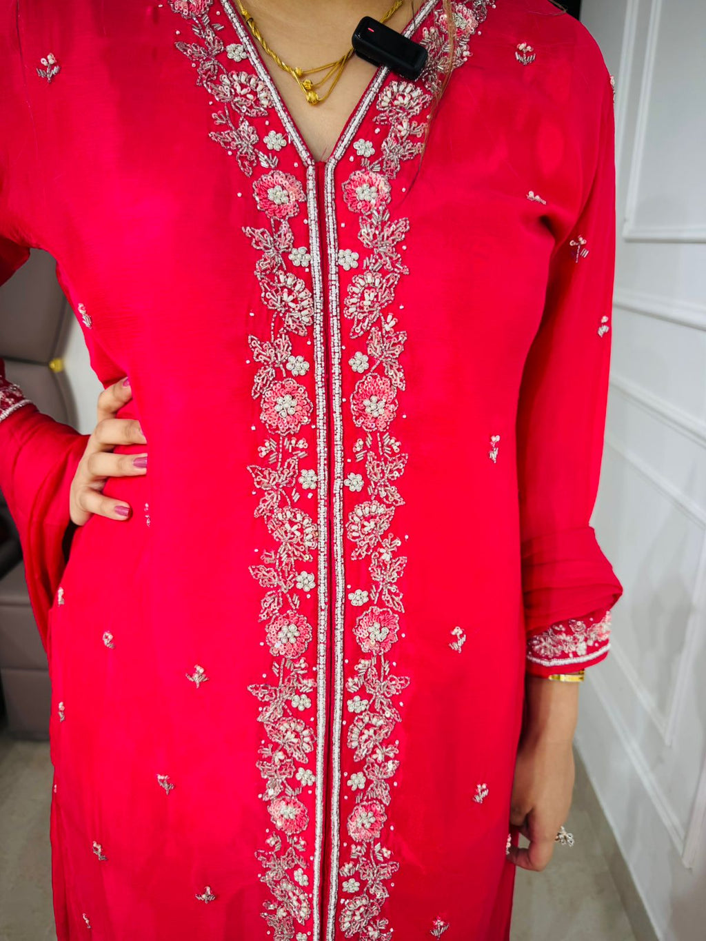 Prishna🫶🏻 | Radiant Red Ethnic Suit Set – Embroidered Kurta & Palazzo Pants