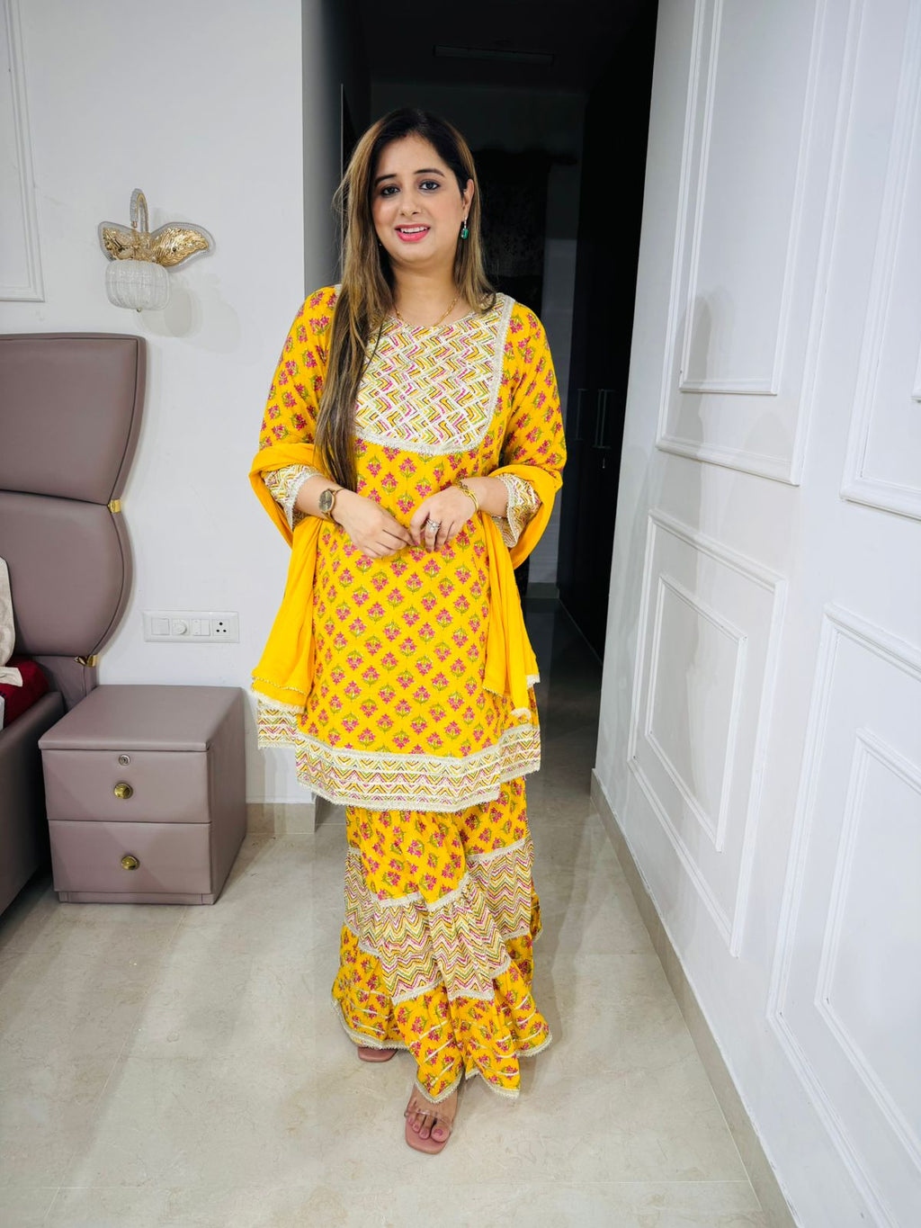 Navmi💛 | Sunshine Yellow Printed Sharara Set – Lace Embroidered Yoke Edition