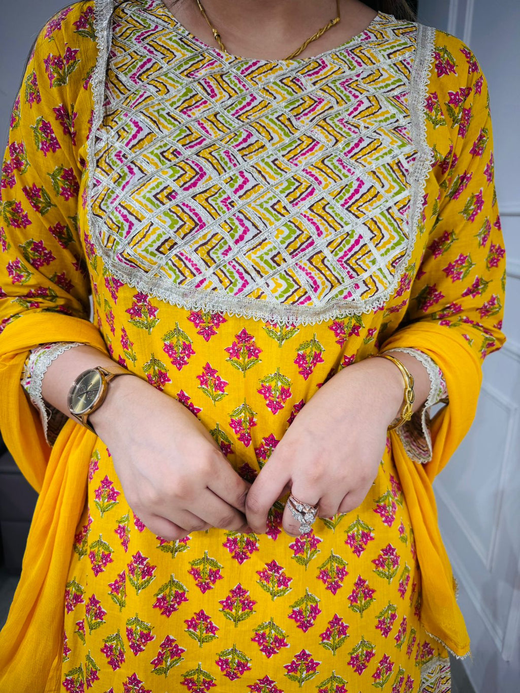 Navmi💛 | Sunshine Yellow Printed Sharara Set – Lace Embroidered Yoke Edition