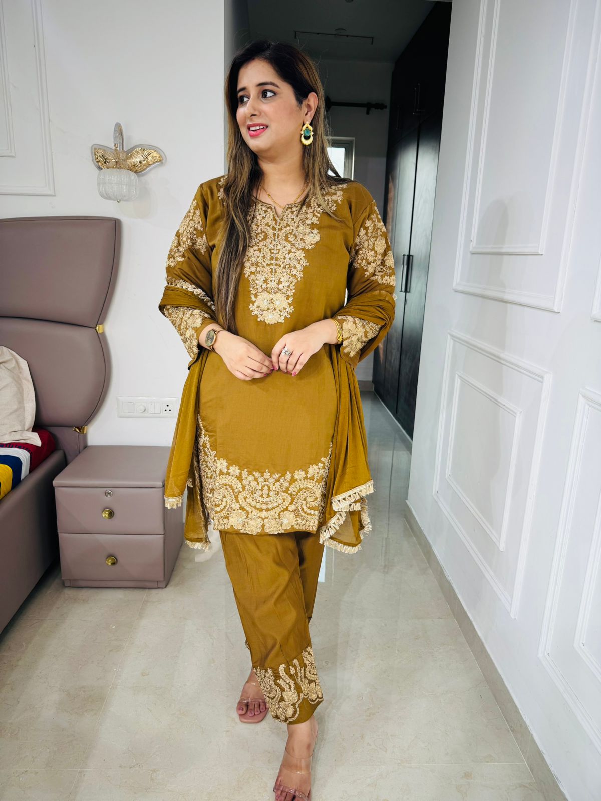 Amna | Designer Brown Teal Zari Work Suit Set – Heavy Embroidered Kurta and Dupatta