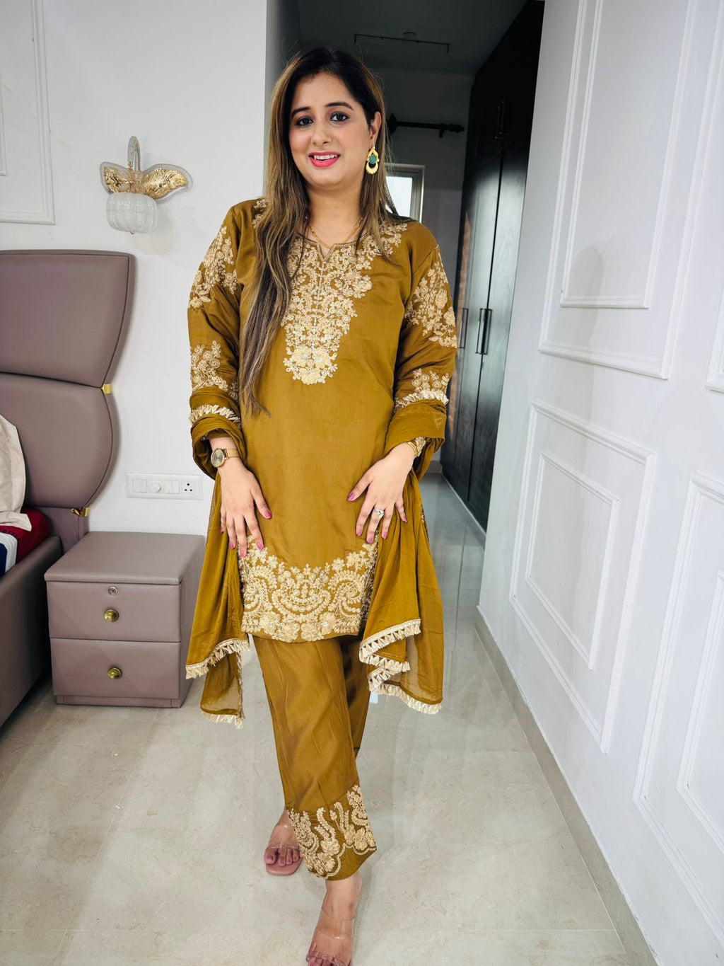 Amna | Designer Brown Teal Zari Work Suit Set – Heavy Embroidered Kurta and Dupatta