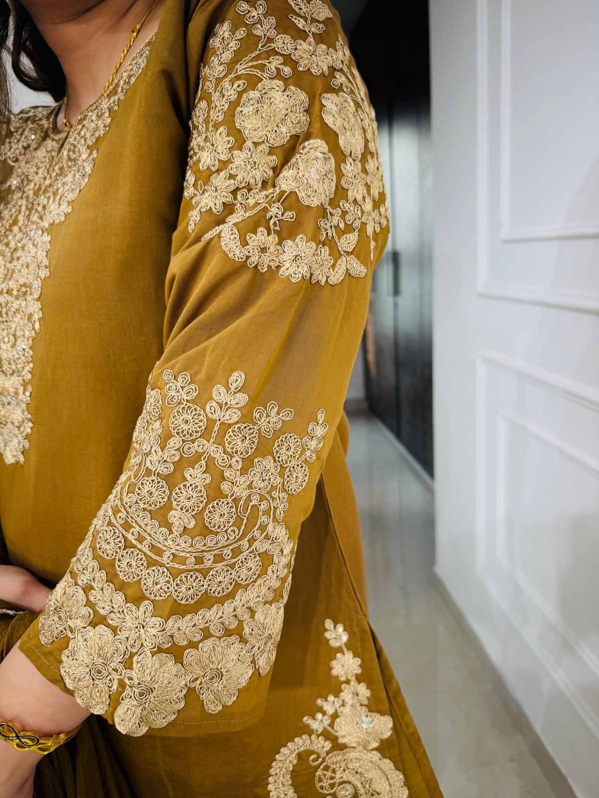 Amna | Designer Brown Teal Zari Work Suit Set – Heavy Embroidered Kurta and Dupatta