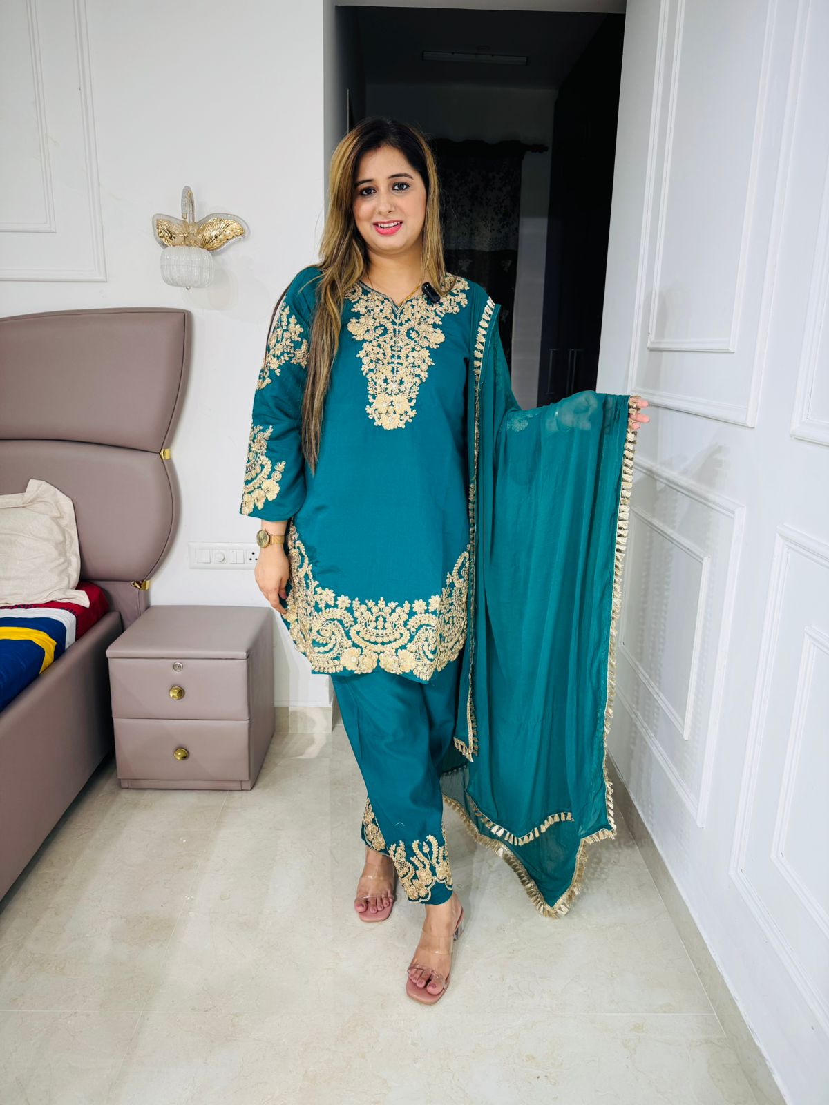 Amna | Designer Blue Teal Zari Work Suit Set – Heavy Embroidered Kurta and Dupatta