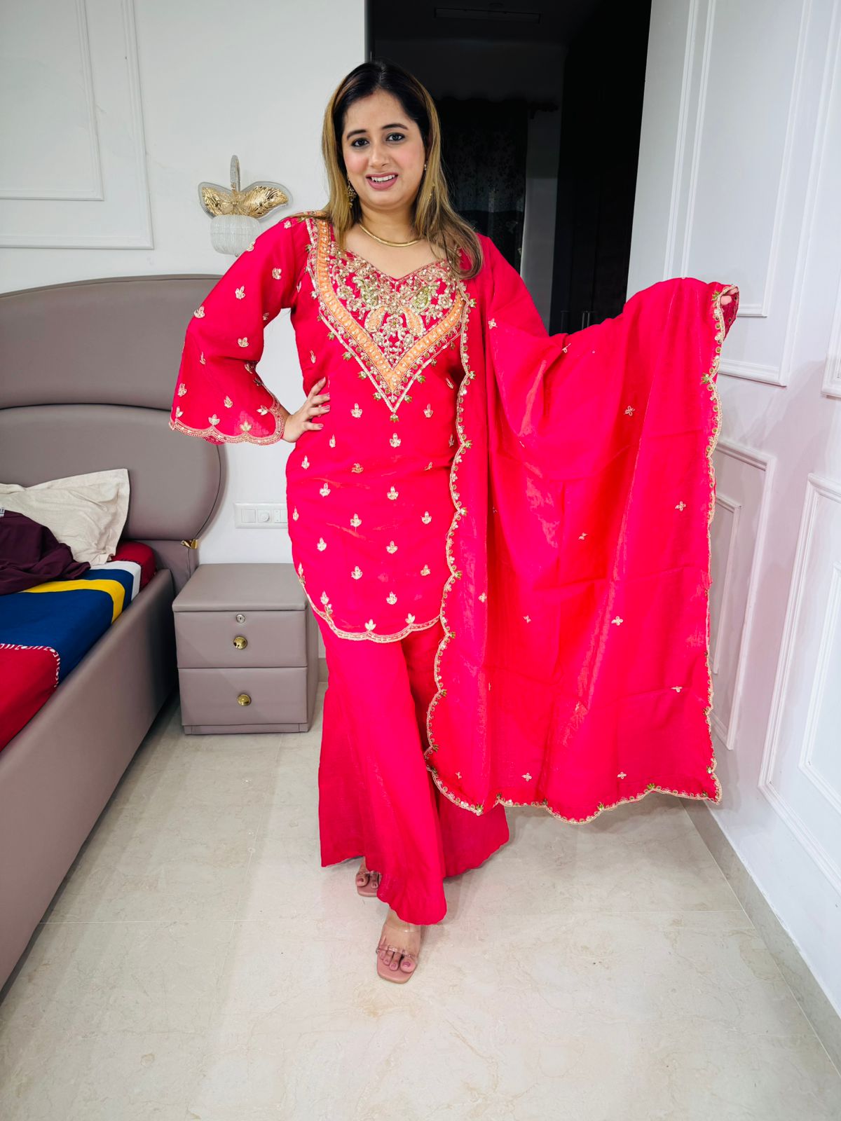 Sanjh♥️ | Hot Pink Sequin Embellished Suit Set – Festive Embroidery Edition"