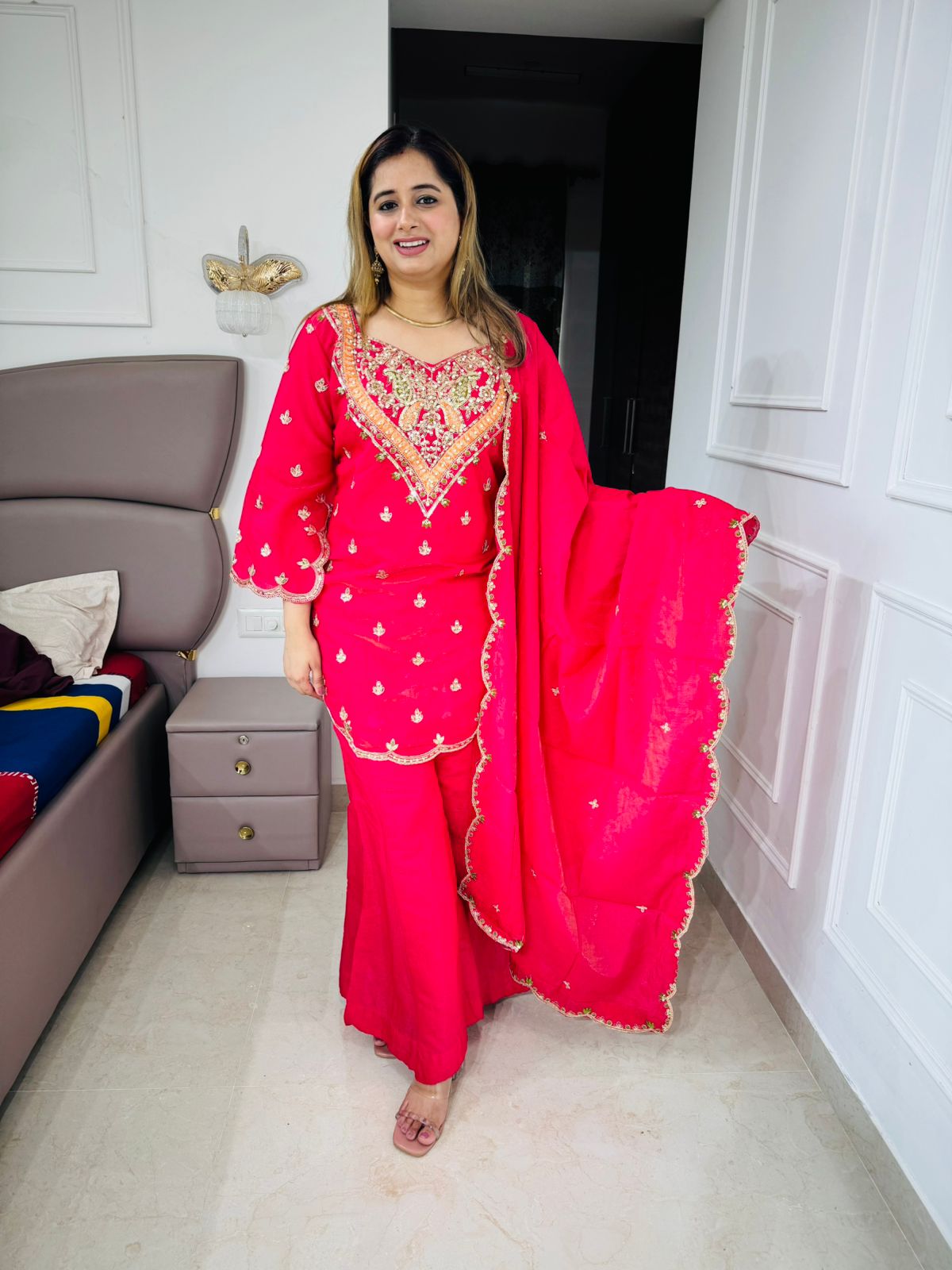 Sanjh♥️ | Hot Pink Sequin Embellished Suit Set – Festive Embroidery Edition"