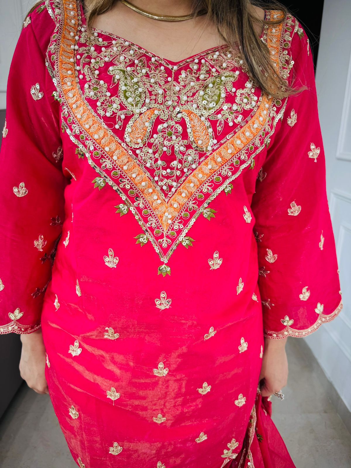 Sanjh♥️ | Hot Pink Sequin Embellished Suit Set – Festive Embroidery Edition"