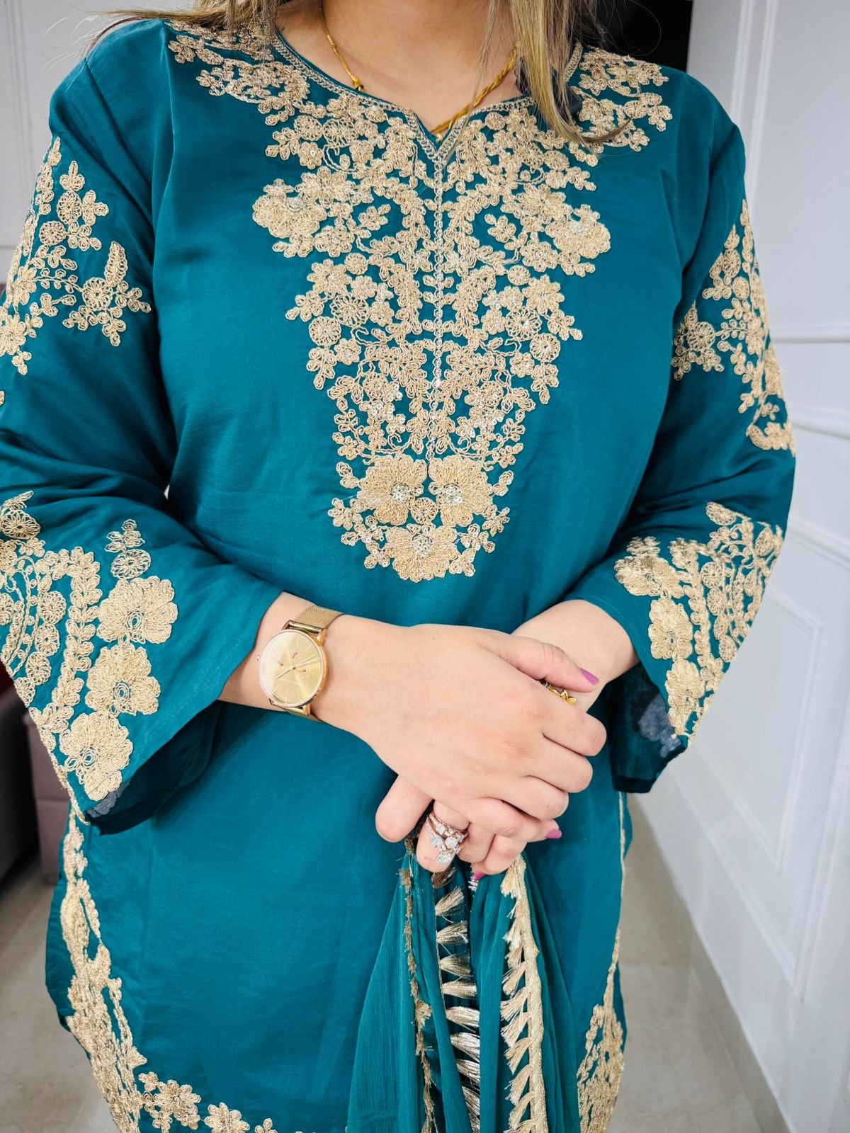 Amna | Designer Blue Teal Zari Work Suit Set – Heavy Embroidered Kurta and Dupatta