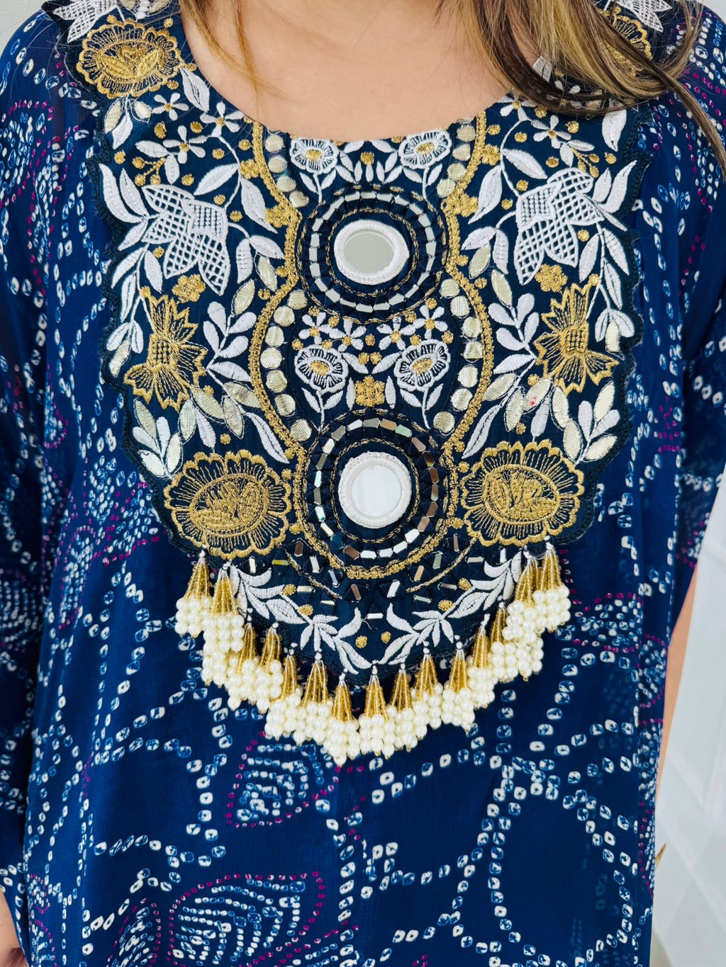 Stella🌃 | Navy Blue Bandhej Print Kaftan Set with Antique Neck Embellishment