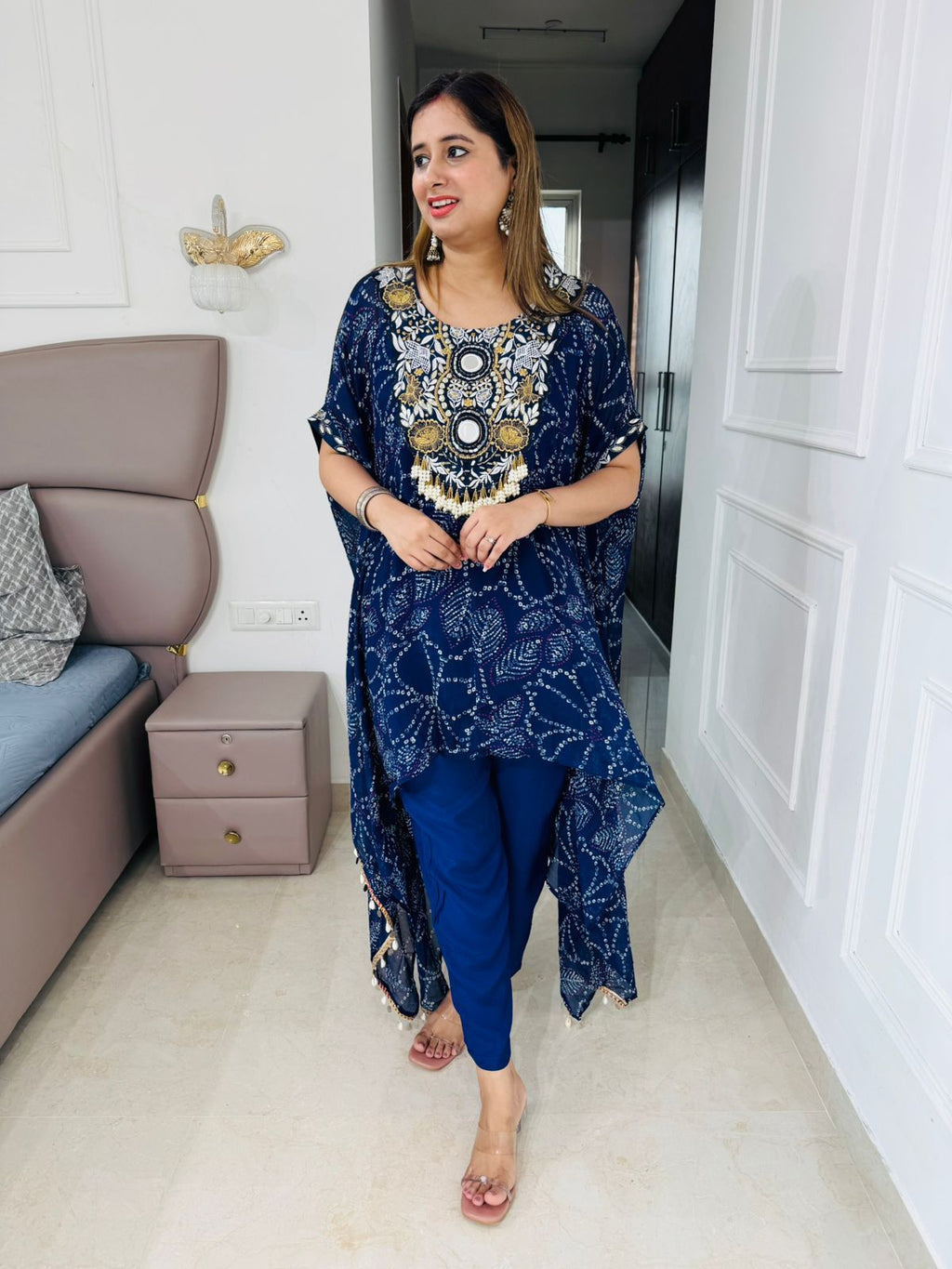 Stella🌃 | Navy Blue Bandhej Print Kaftan Set with Antique Neck Embellishment