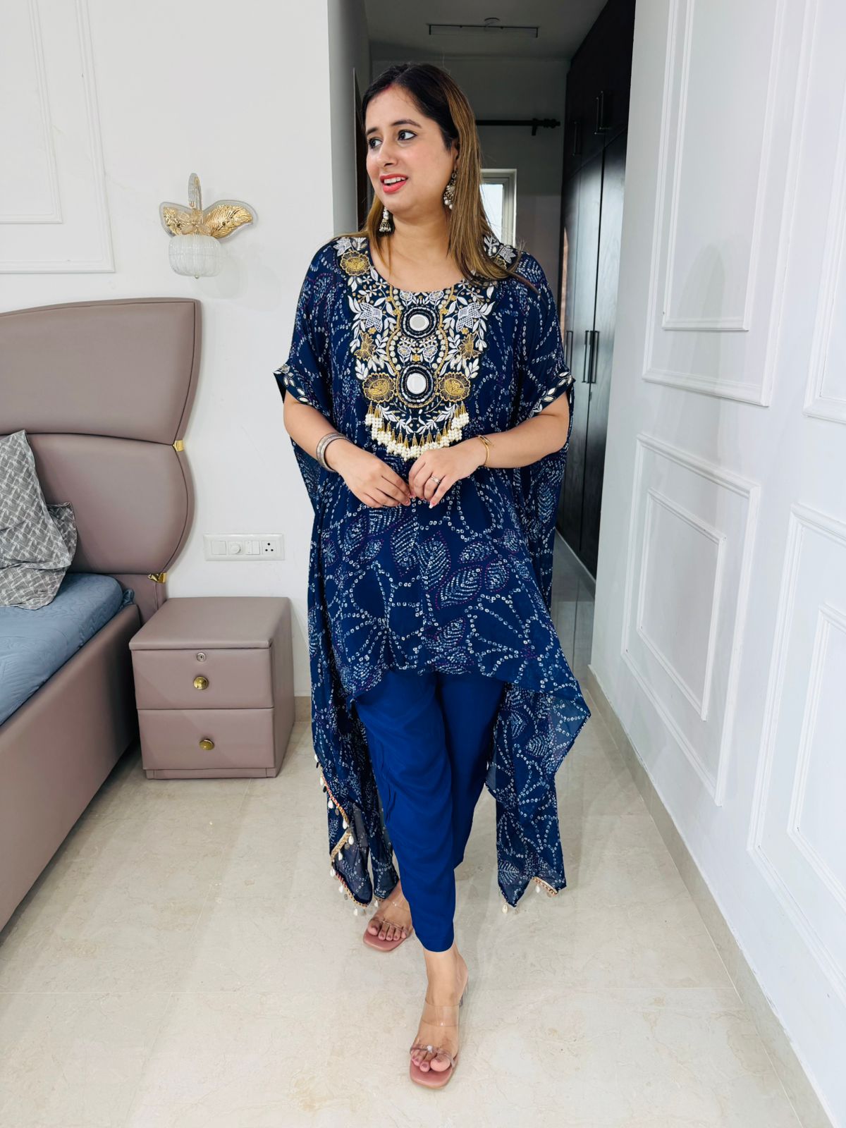 Stella🌃 | Navy Blue Bandhej Print Kaftan Set with Antique Neck Embellishment