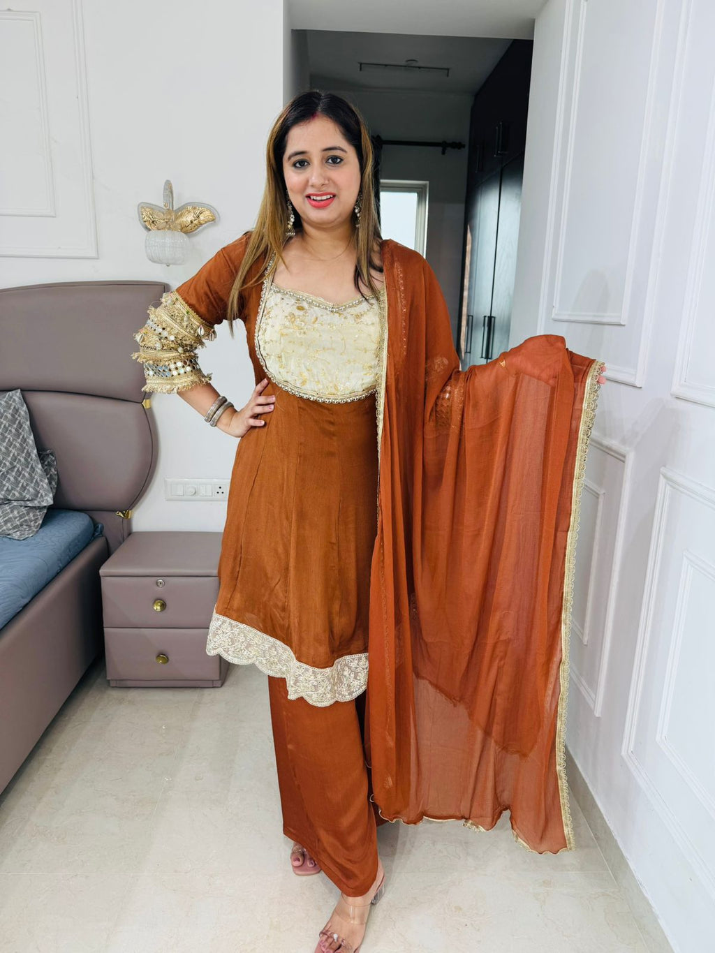 Vatika✨ | Designer Golden Brown Peplum Suit Set with Heavy Gota and Mirror Work