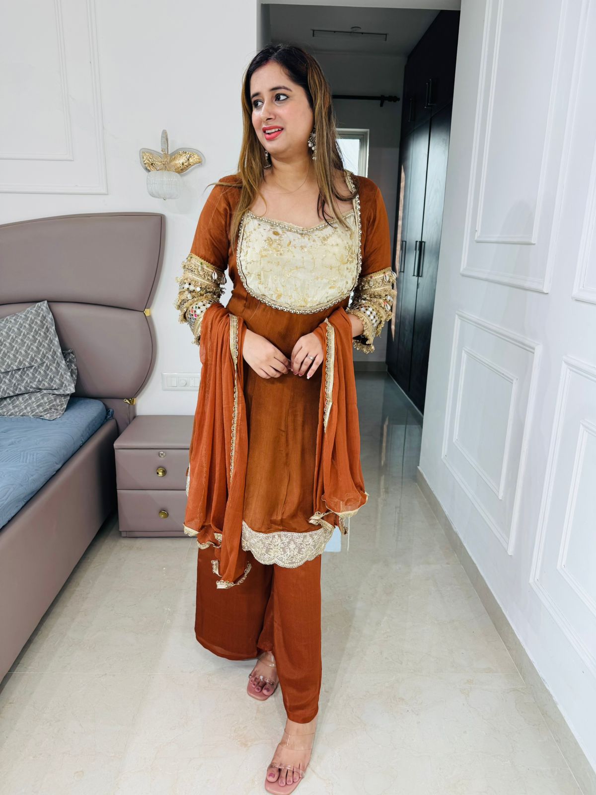 Vatika✨ | Designer Golden Brown Peplum Suit Set with Heavy Gota and Mirror Work