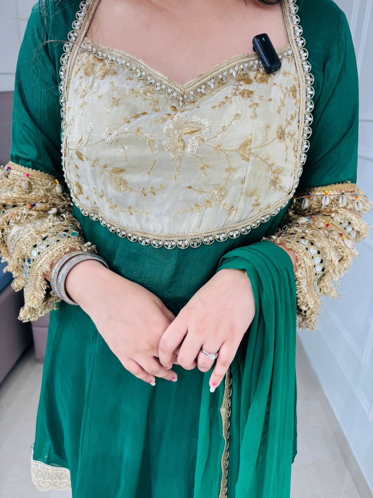 Vatika 🌿 | Bottle Green Short Anarkali Set with Pearl and Mirror Work