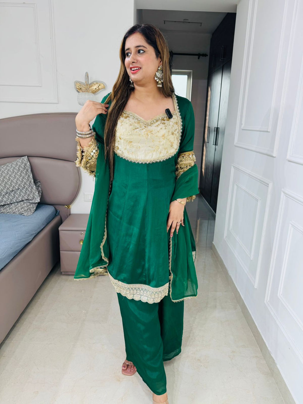 Vatika 🌿 | Bottle Green Short Anarkali Set with Pearl and Mirror Work