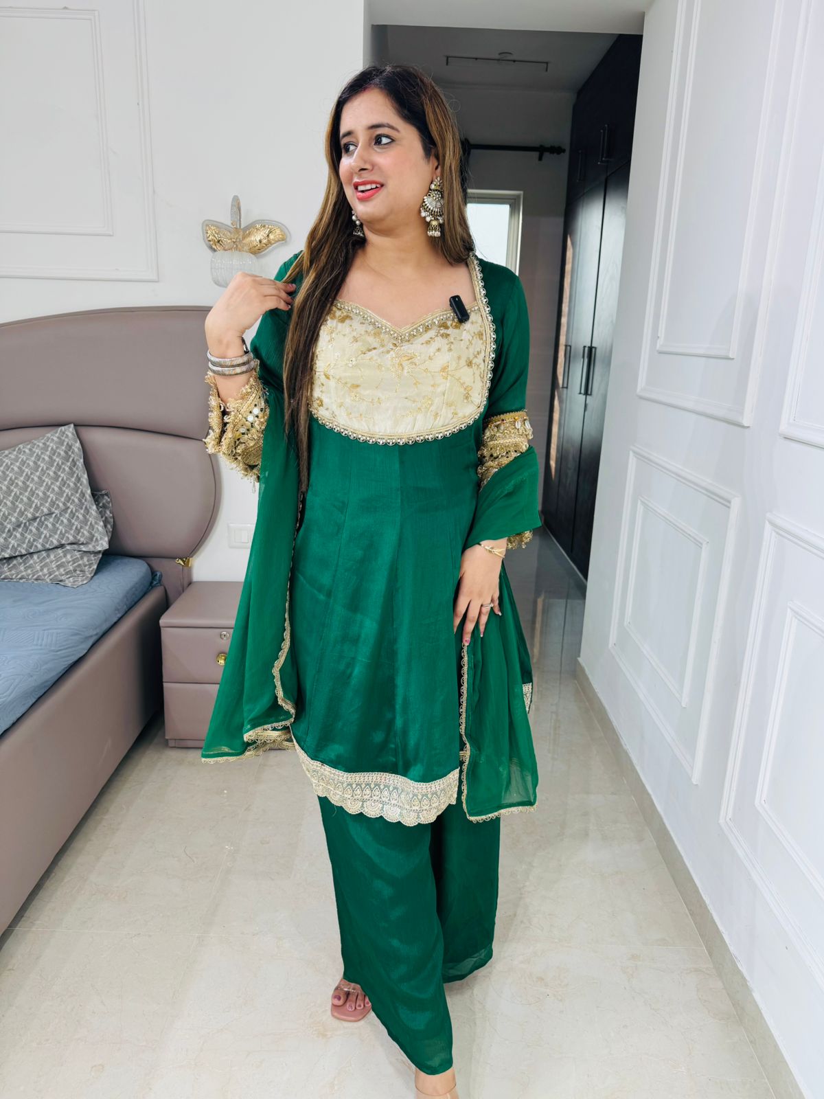 Vatika 🌿 | Bottle Green Short Anarkali Set with Pearl and Mirror Work