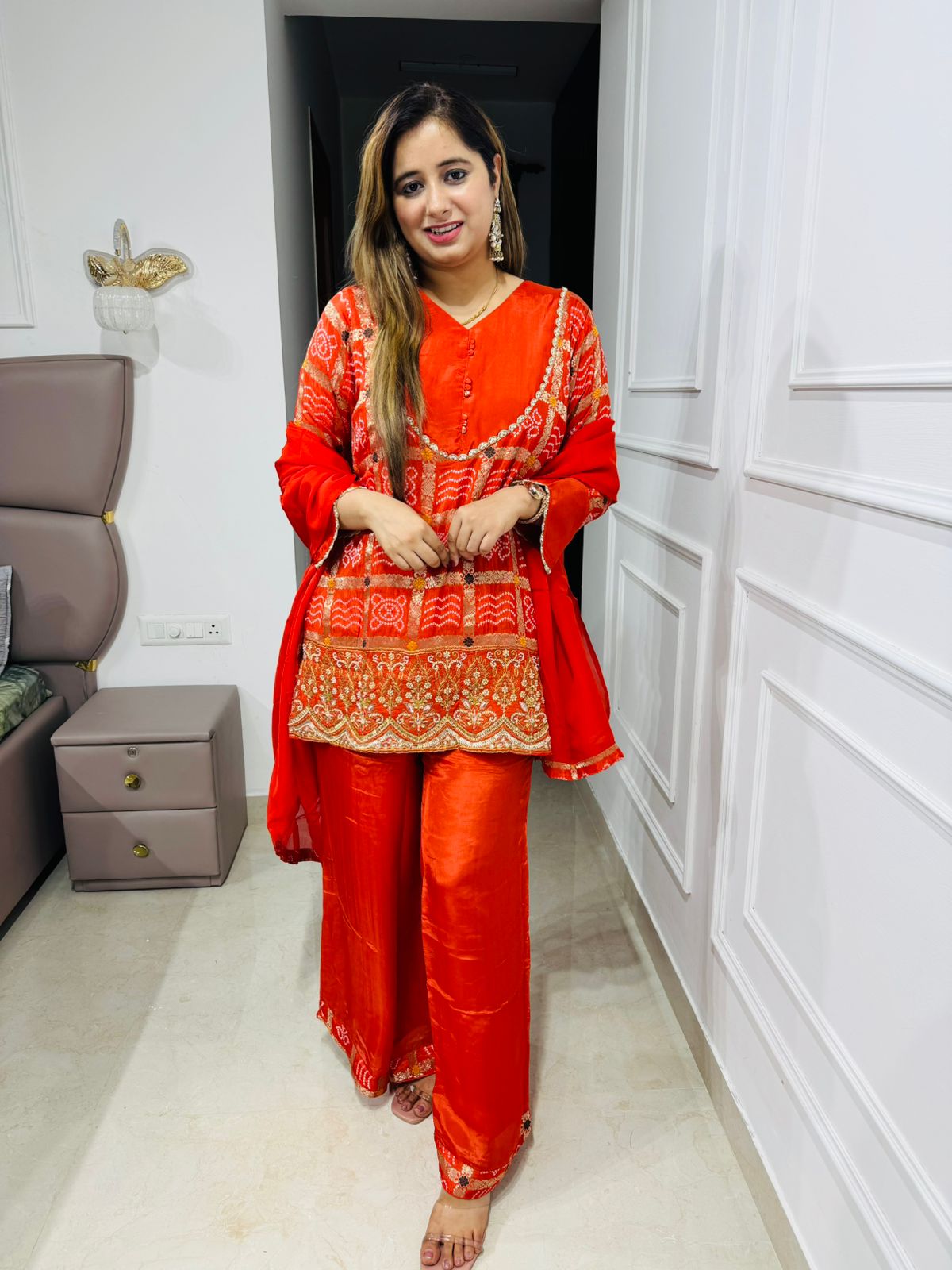 Rashi🧡 | Designer Orange Ethnic Suit Set with Gold & Peach Zari Work