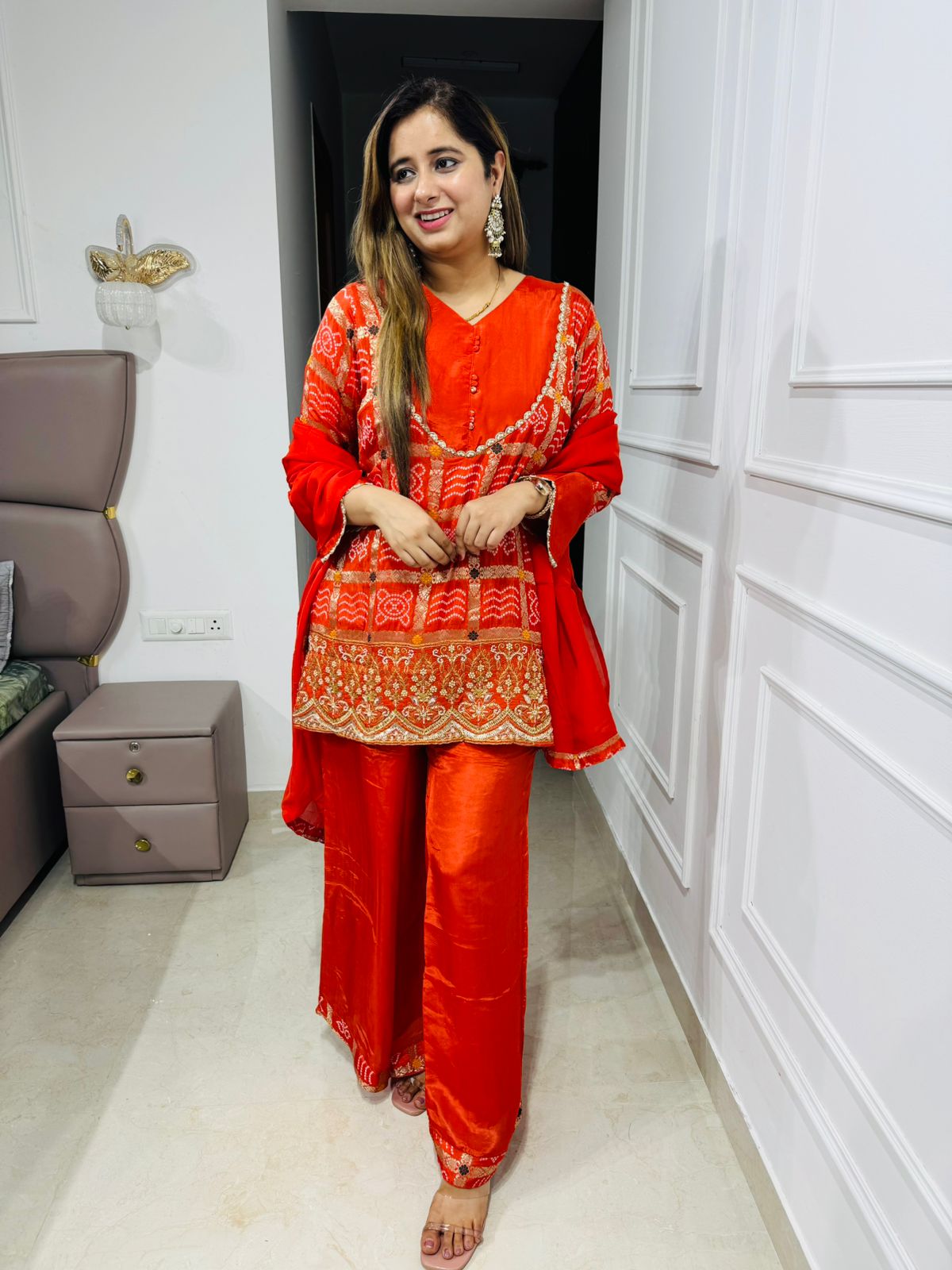 Rashi🧡 | Designer Orange Ethnic Suit Set with Gold & Peach Zari Work
