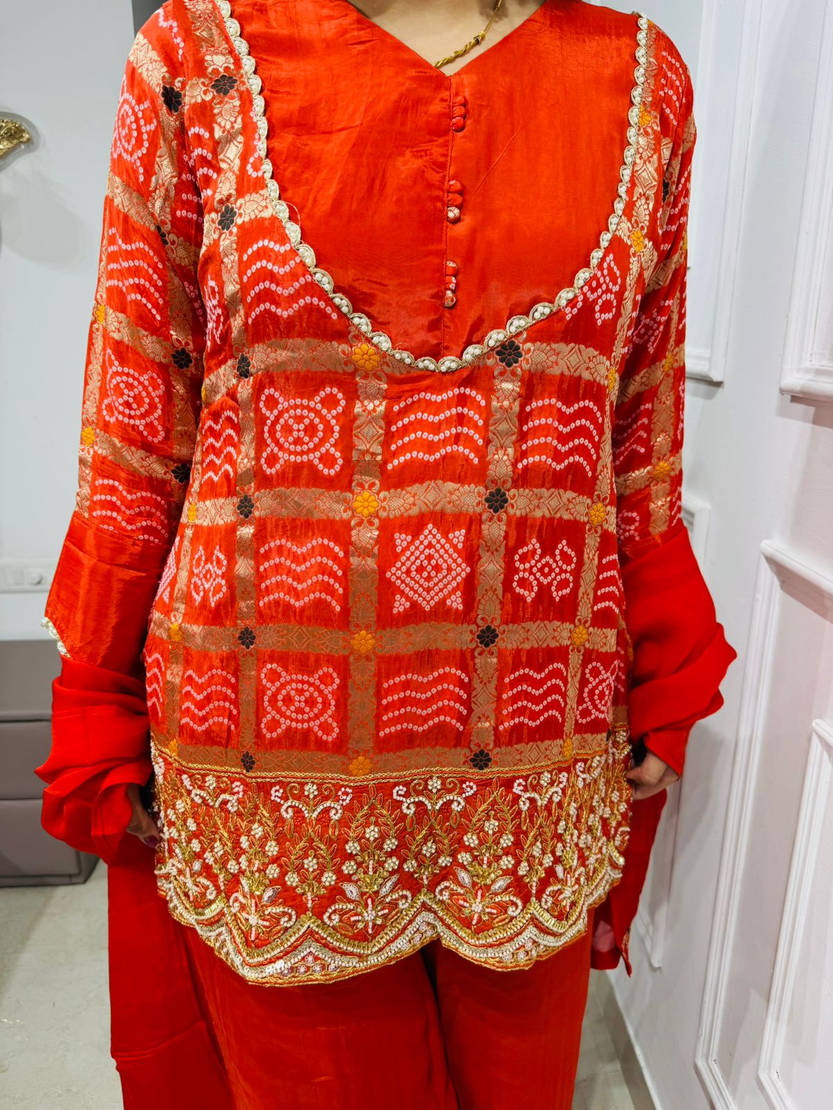 Rashi🧡 | Designer Orange Ethnic Suit Set with Gold & Peach Zari Work