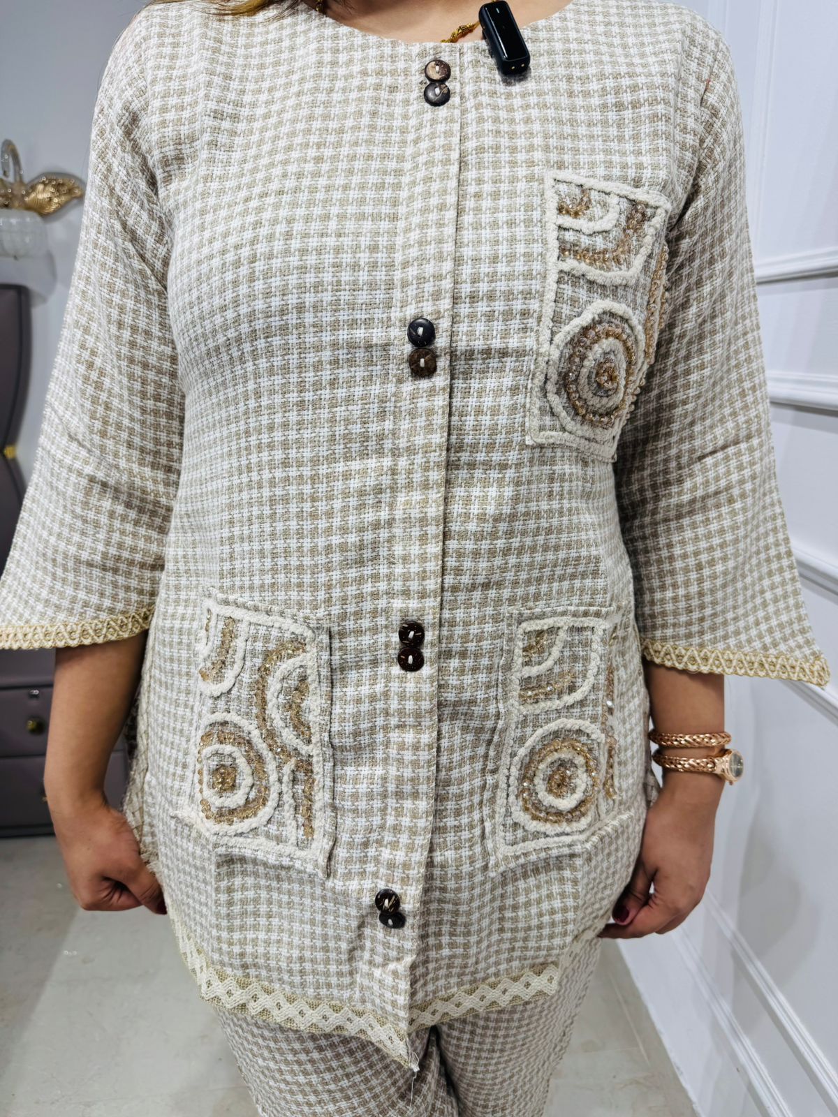 Serene🥼| Chic Beige Two-Piece Set with Artistic Patchwork and Crocheted Borders