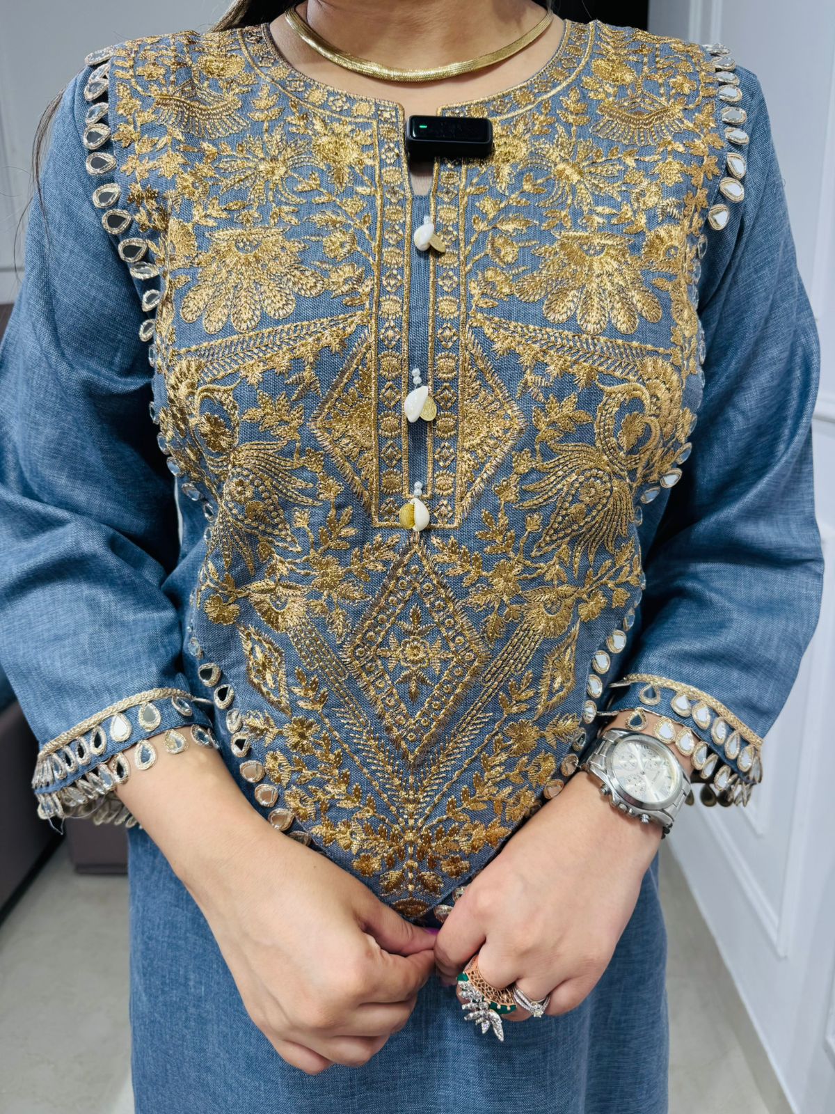 Euno🩶 | Designer Denim Blue Kurta with Gold Ethnic Embroidery and Pearl Bead Detail