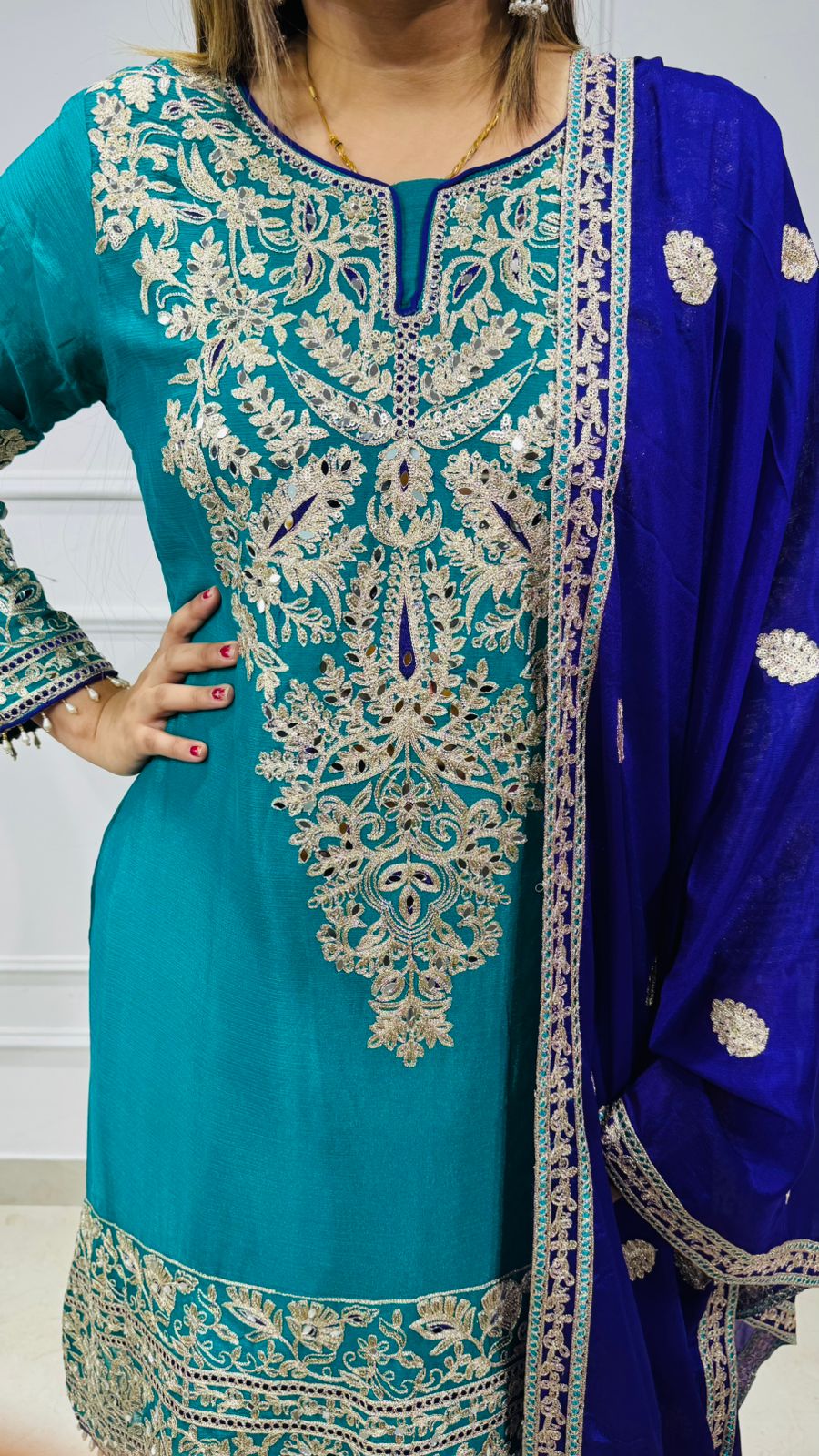 Nehvra🩵 | Luxury Teal Embroidered Punjabi Suit Set with Zari Work and Contrast Dupatta